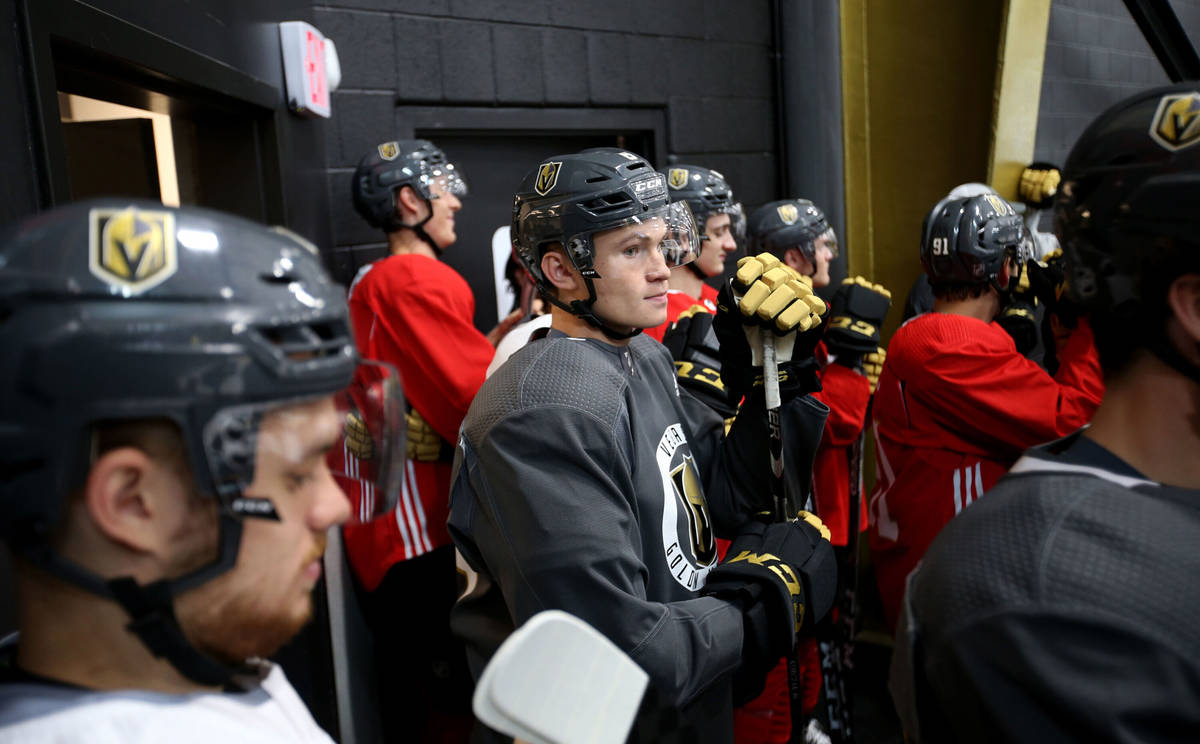 In this Sept. 6, 2019, file photo, Vegas Golden Knights players, including defender Kaedan Korc ...