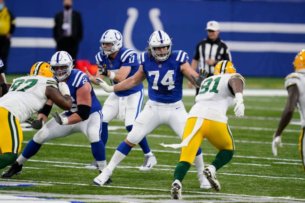 Indianapolis Colts' Anthony Castonzo (74) blocks during the first half of an NFL football game ...