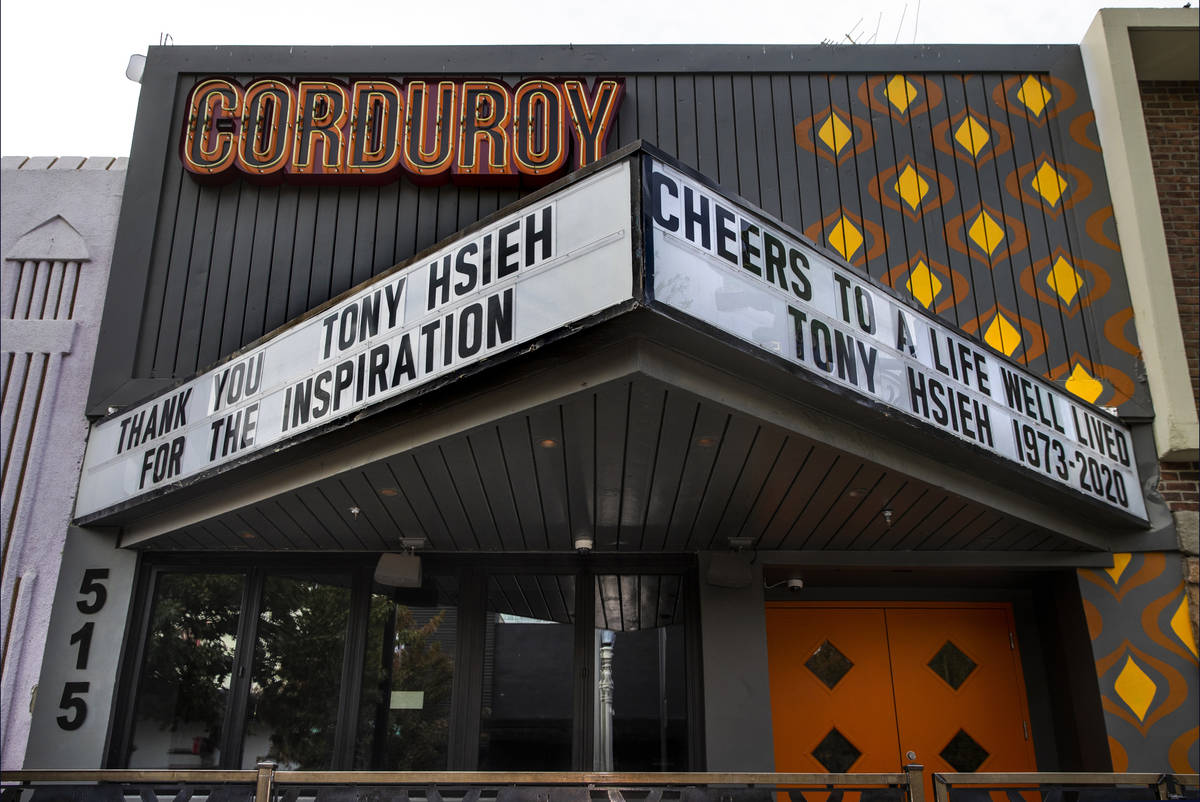 The marquee at Corduroy is dedicated to Tony Hsieh in downtown Las Vegas on Friday, Dec. 11, 20 ...