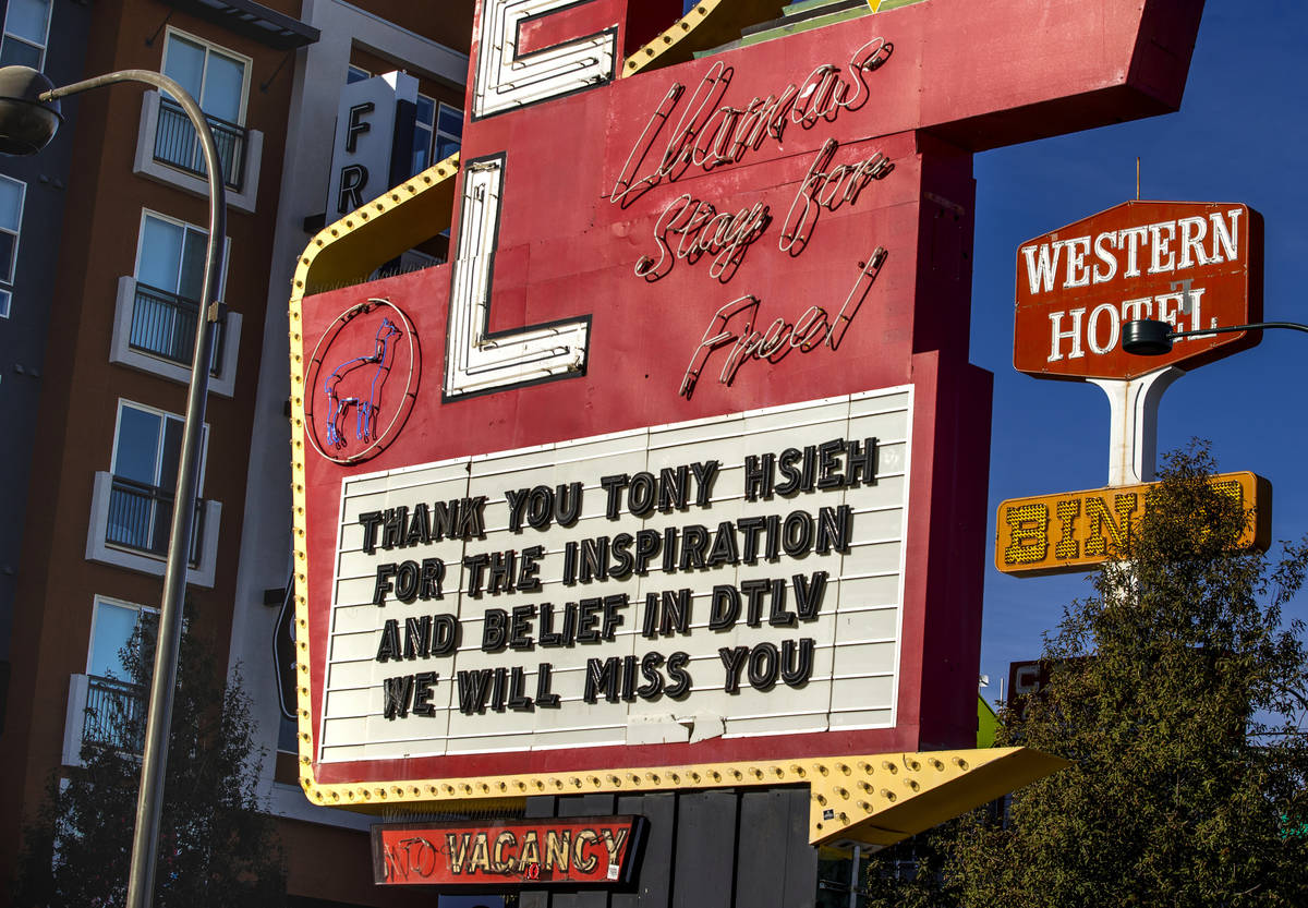 The marquee at the Llama Lot offers another Tony Hsieh memorial in downtown Las Vegas on Friday ...
