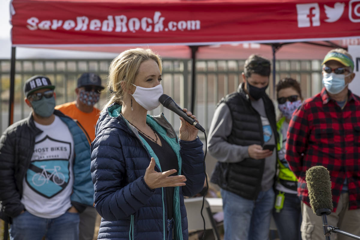 Heather Fisher of Save Red Rock speaks to the crowd during a vigil honoring the lives of five L ...