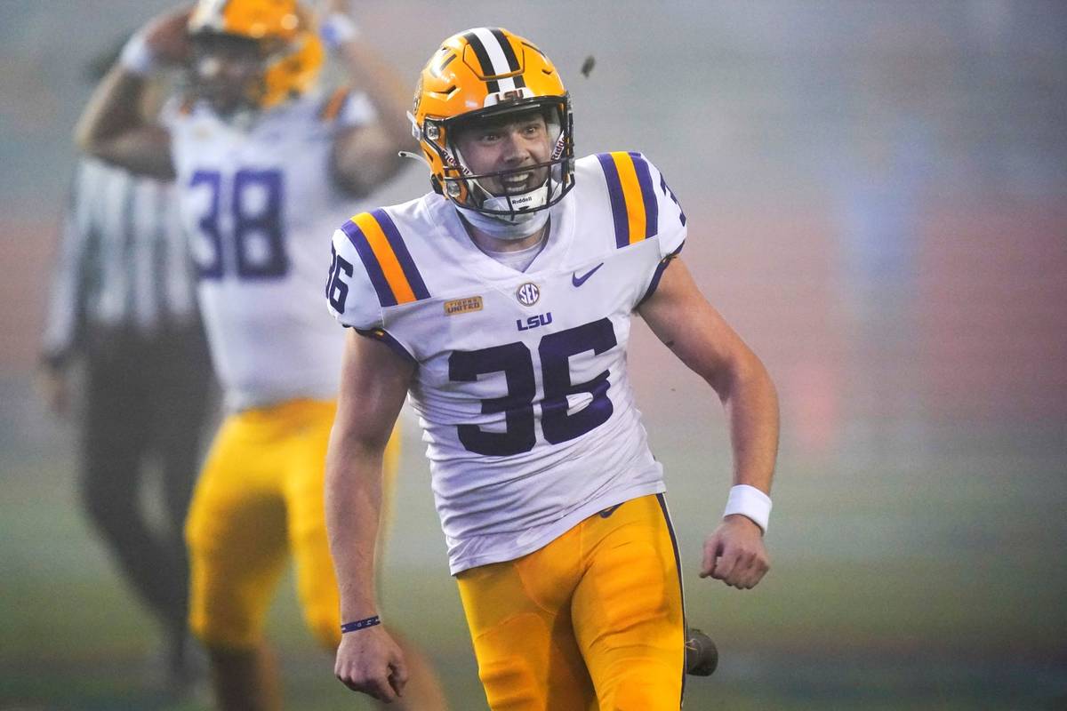 LSU's Cade York (36) celebrates after kicking a field goal against Florida in the final minute ...