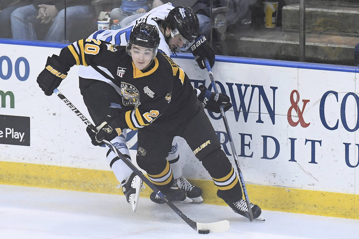 In this January 5, 2019, photo, Green Bay Gamblers forward Brendan Brisson (20) avoids a check ...