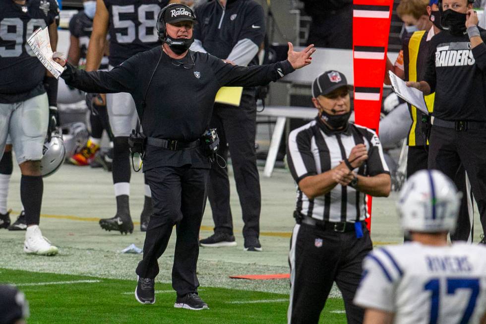 Raiders head coach Jon Gruden gestures towards the field as a penalty is called against his tea ...