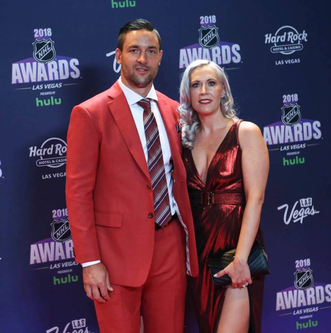 Deryk Engelland of the Golden Knights, with his wife Melissa, poses on the red carpet ahead of ...