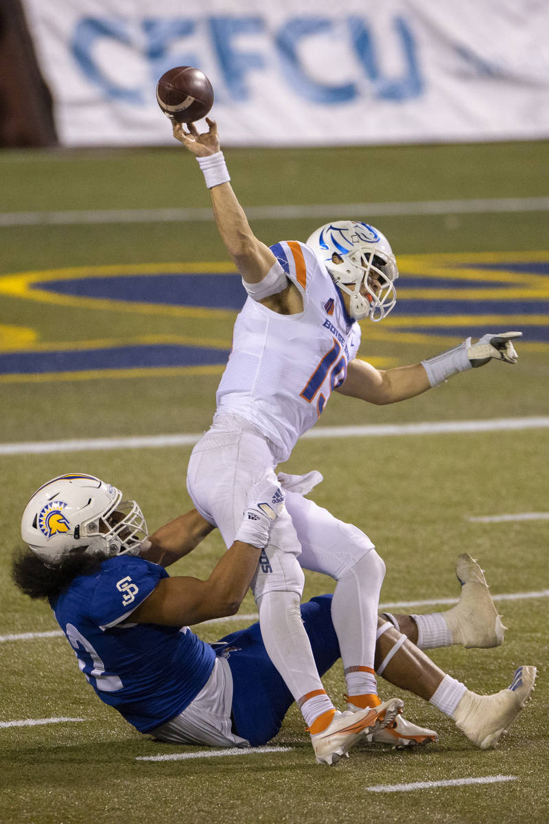 Boise State Broncos quarterback Hank Bachmeier (19) is tackled by San Jose State Spartans defen ...