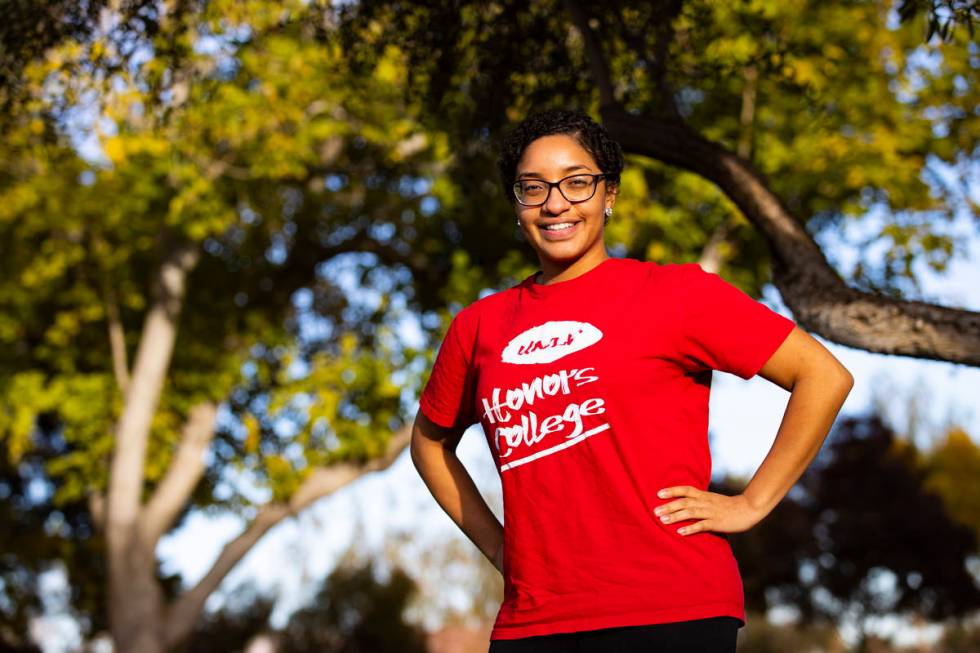 Akaisha Cook, a UNLV spring 2020 graduate, poses for a portrait on campus in Las Vegas on Tuesd ...