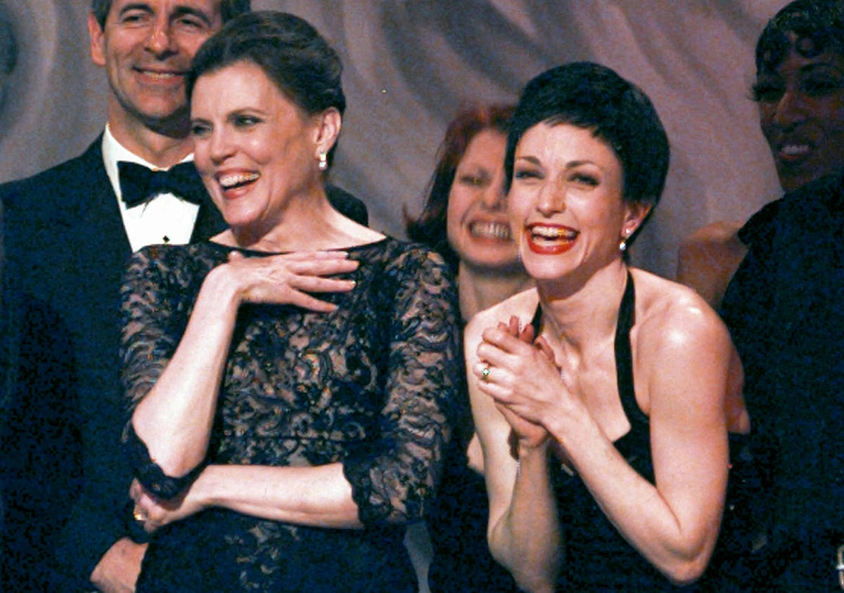 Ann Reinking, left, and Bebe Neuwirth share a laugh on stage while accepting the award for best ...