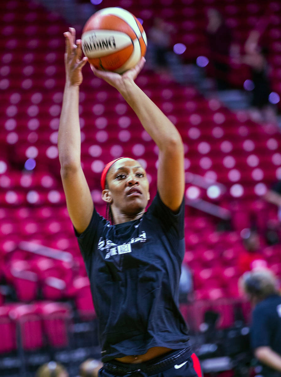 Las Vegas Aces center A'ja Wilson (22) shoots some buckets during warm up before facing the Chi ...