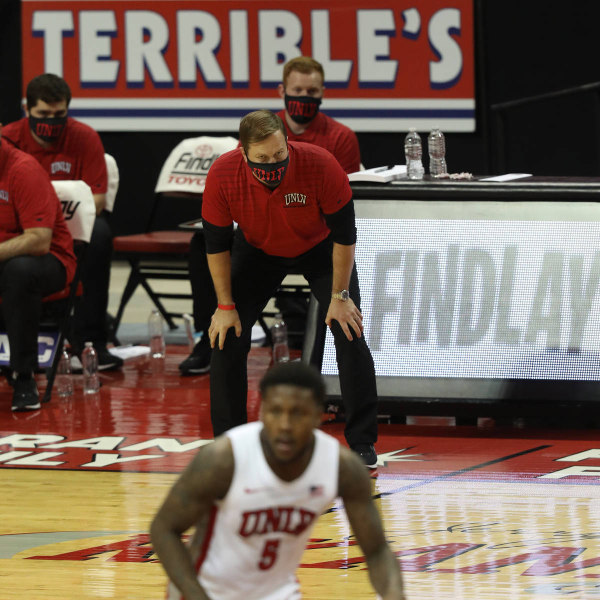 UNLV Rebels head coach T. J. Otzelberger reacts after a play against Montana State Bobcats duri ...