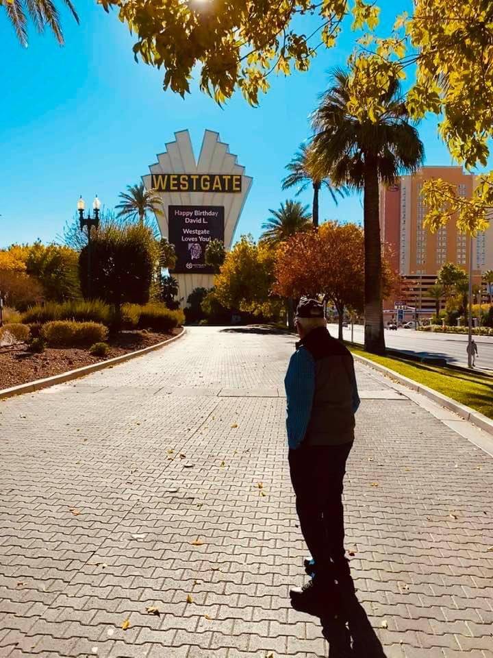 David Christensen checks out his birthday message on the Westgate Las Vegas marquee on Monday, ...