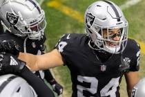 Raiders strong safety Johnathan Abram (24) takes the field before the start of an NFL football ...