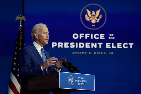 President-elect Joe Biden speaks at The Queen theater, Monday, Nov. 9, 2020, in Wilmington, Del ...