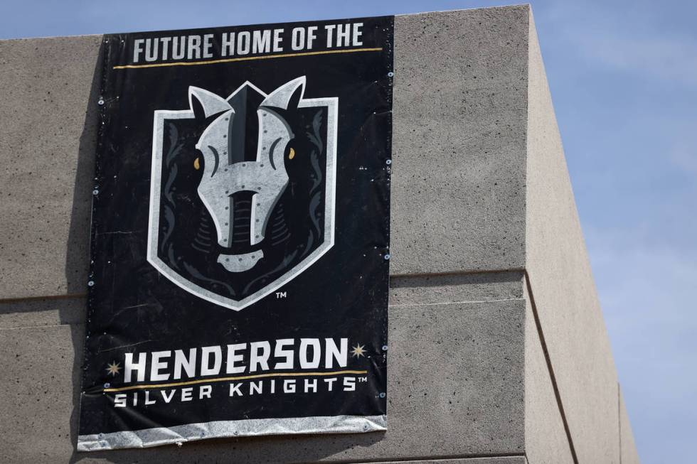 A Henderson Silver Knights banner hangs at Lifeguard Arena in Henderson during a tour, Friday, ...