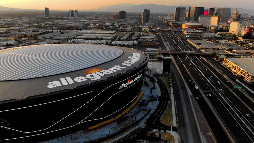 Aerial view of Allegiant Stadium and the Las Vegas Strip on Tuesday, August 25, 2020. (Michael ...