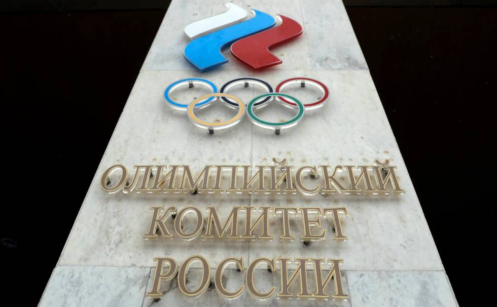 FILE - In this file photo dated Wednesday, Dec. 6, 2017, the logo of the Russian Olympic Commit ...