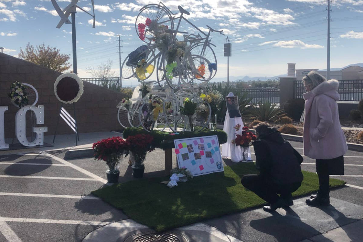 A memorial for the five Las Vegas bicyclists who were killed in a crash near Searchlight is see ...