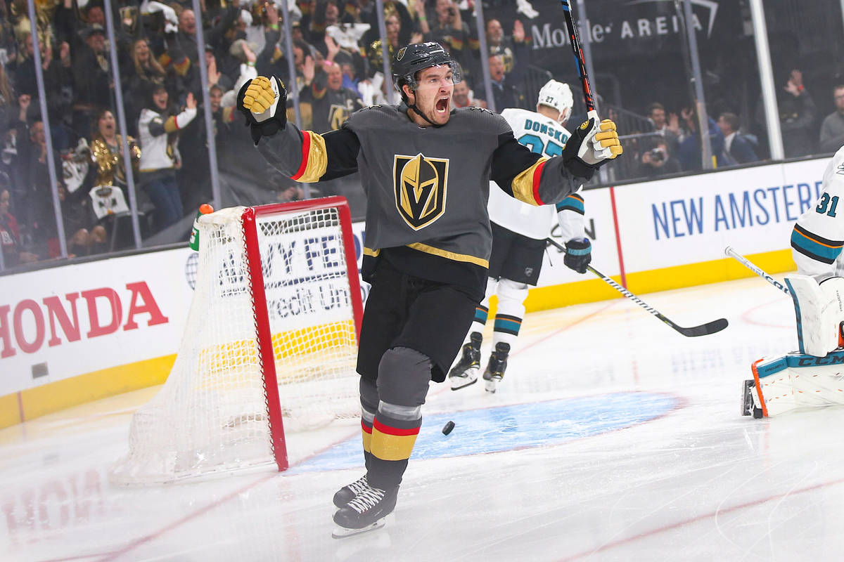 Golden Knights right wing Mark Stone (61) celebrates a goal by left wing Max Pacioretty, not pi ...