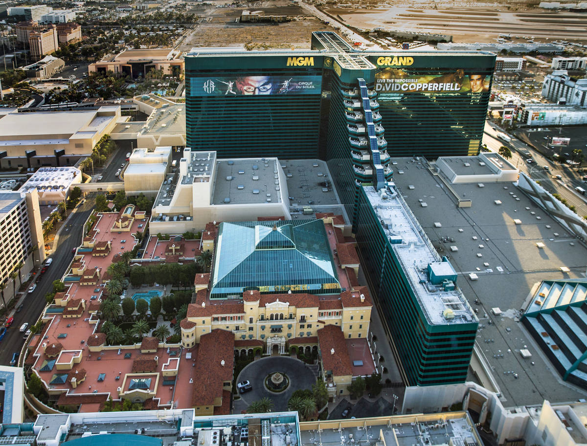 The Mansion at MGM and the MGM Grand on the Las Vegas Strip are seen in an aerial photo on Wedn ...