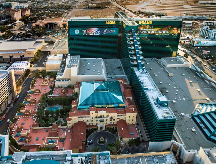 The Mansion at MGM and the MGM Grand on the Las Vegas Strip are seen in an aerial photo on Wedn ...