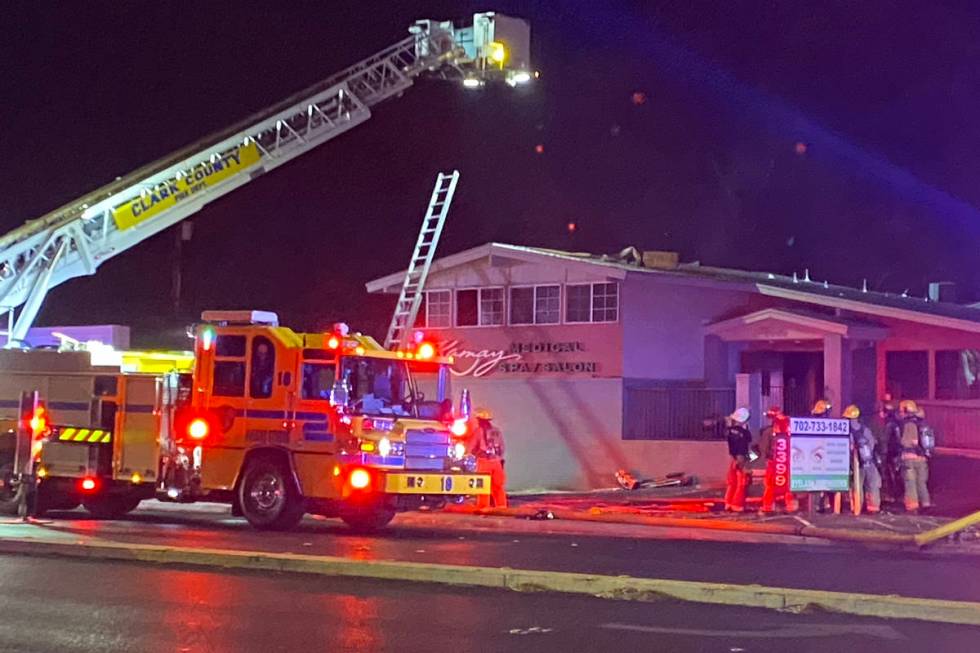 Firefighters battle a structure fire in the 3300 block of South Eastern Avenue at East Desert I ...