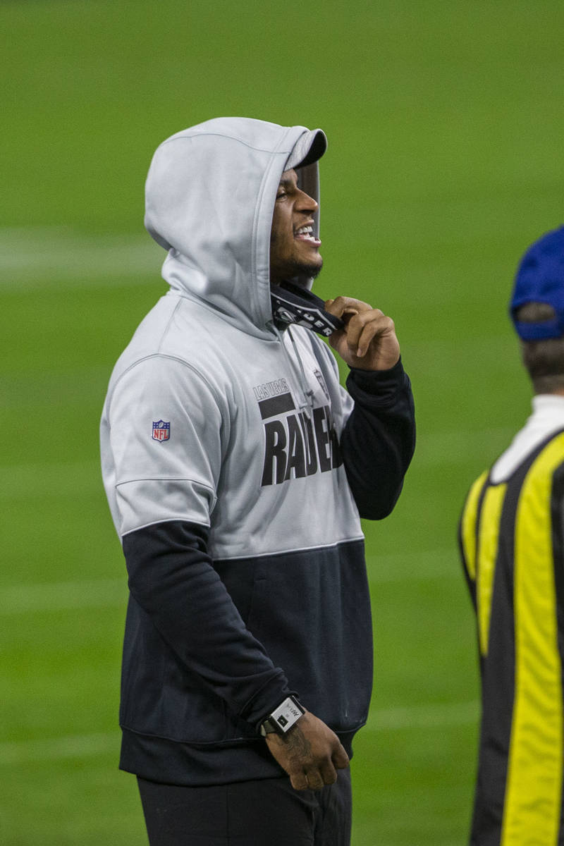 Raiders strong safety Johnathan Abram yells from the sideline during the second quarter of an N ...