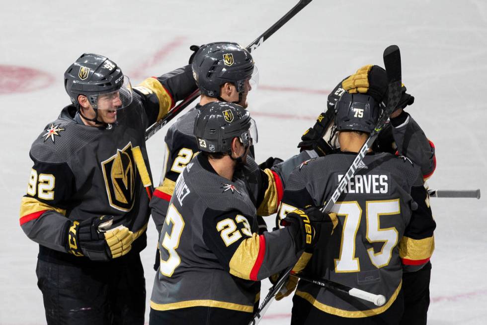 Vegas Golden Knights left wing Tomas Nosek (92), Vegas Golden Knights left wing William Carrier ...