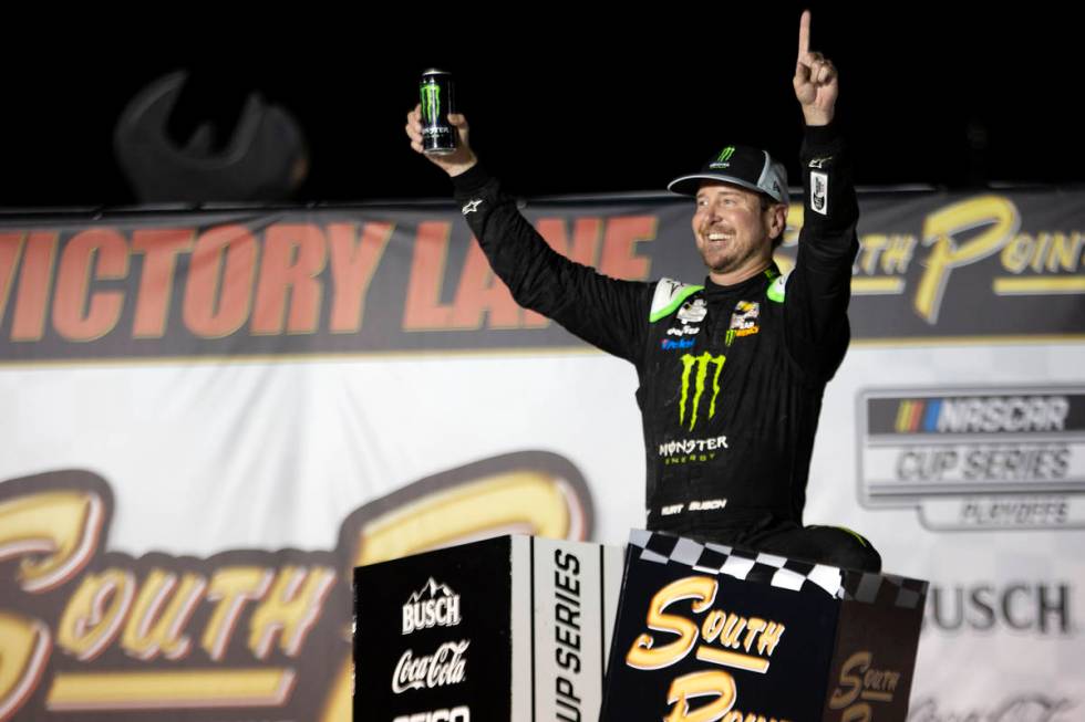 Kurt Busch (1), of Las Vegas, celebrates in Victory Lane after winning a NASCAR Cup Series ...
