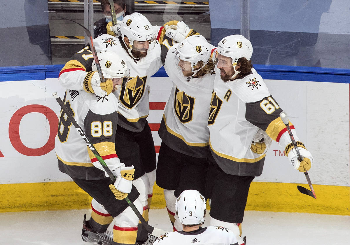 Vegas Golden Knights players, from left to right, Nate Schmidt, Max Pacioretty, William Karlsso ...