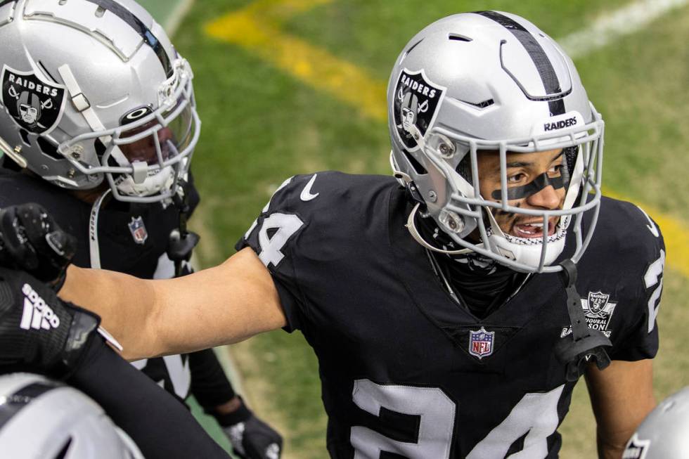 Raiders strong safety Johnathan Abram (24) takes the field before the start of an NFL football ...