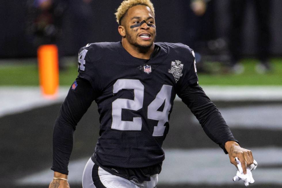 Las Vegas Raiders strong safety Johnathan Abram (24) sprints out onto the field before the star ...