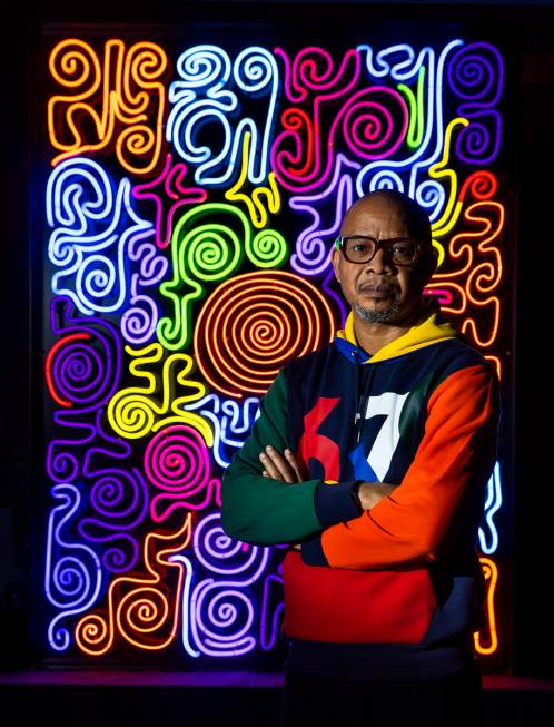 Neon Museum 2020 Artist in Residence Victor Ehikhamenor with his piece "Harvesting Light a ...