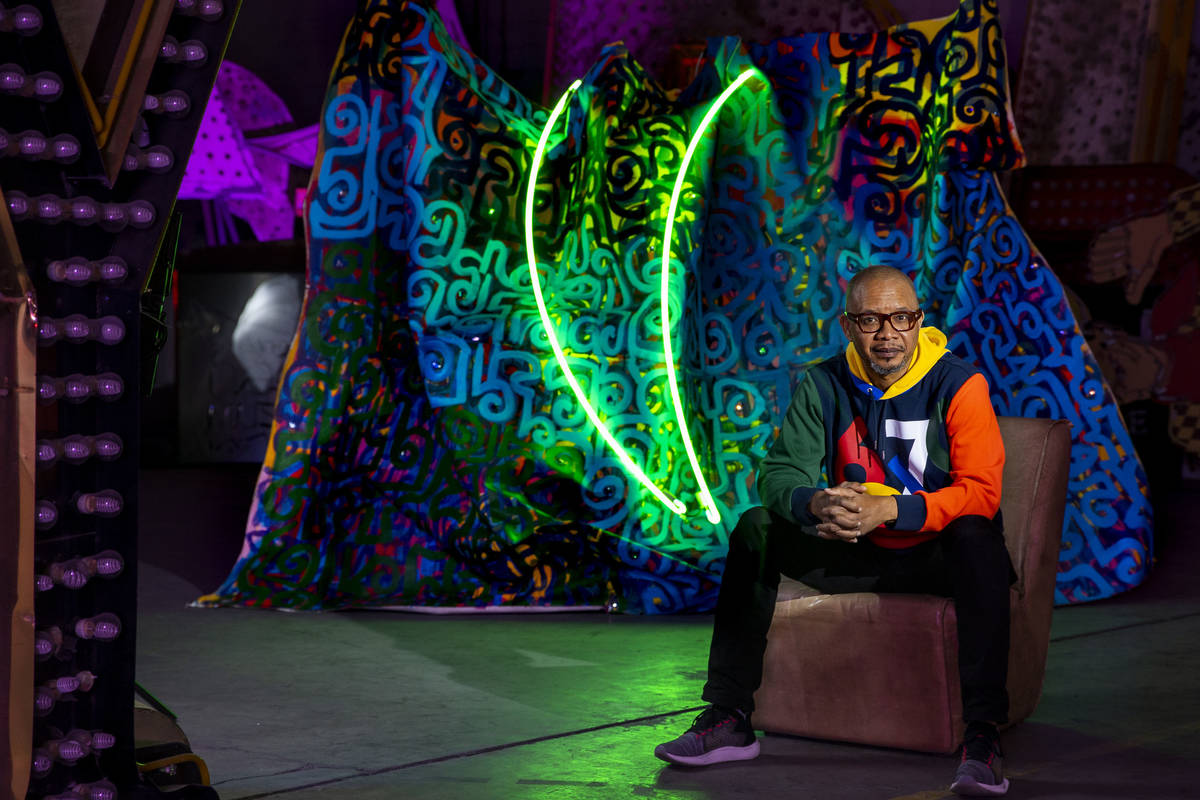 Neon Museum 2020 Artist in Residence Victor Ehikhamenor with his piece "Like Water God Rid ...