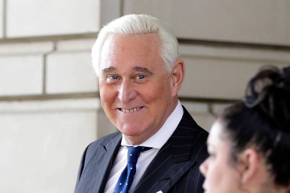 FILE - In this Friday, Nov. 15, 2019 file photo, Roger Stone exits federal court Washington. Pr ...