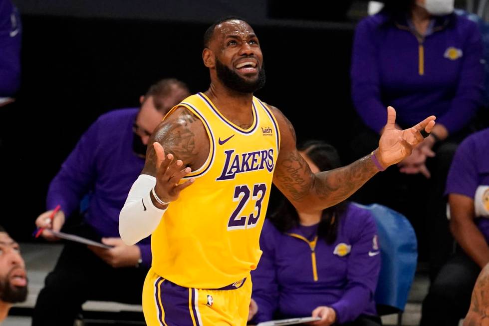 Los Angeles Lakers forward LeBron James (23) reacts after a foul during the first half of an NB ...