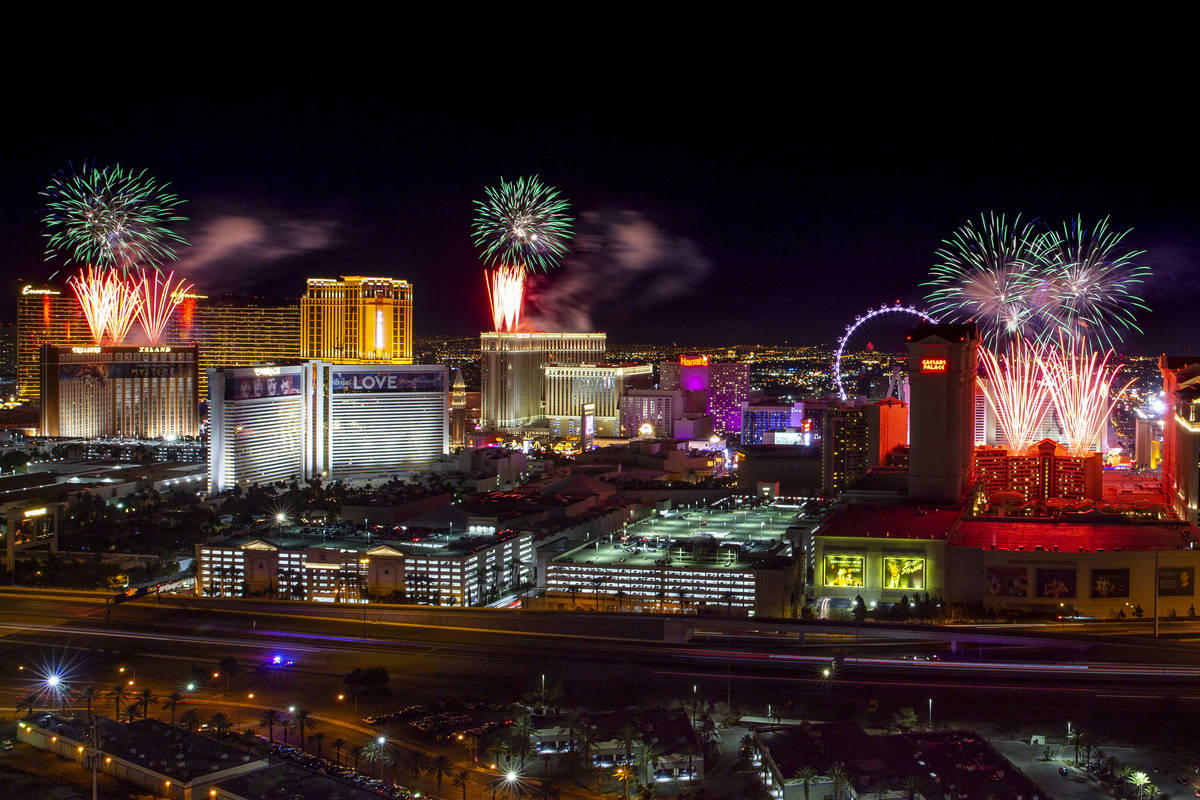 Fireworks for New Year's Eve erupt over the Strip as viewed from the VooDoo Rooftop Nightclub & ...