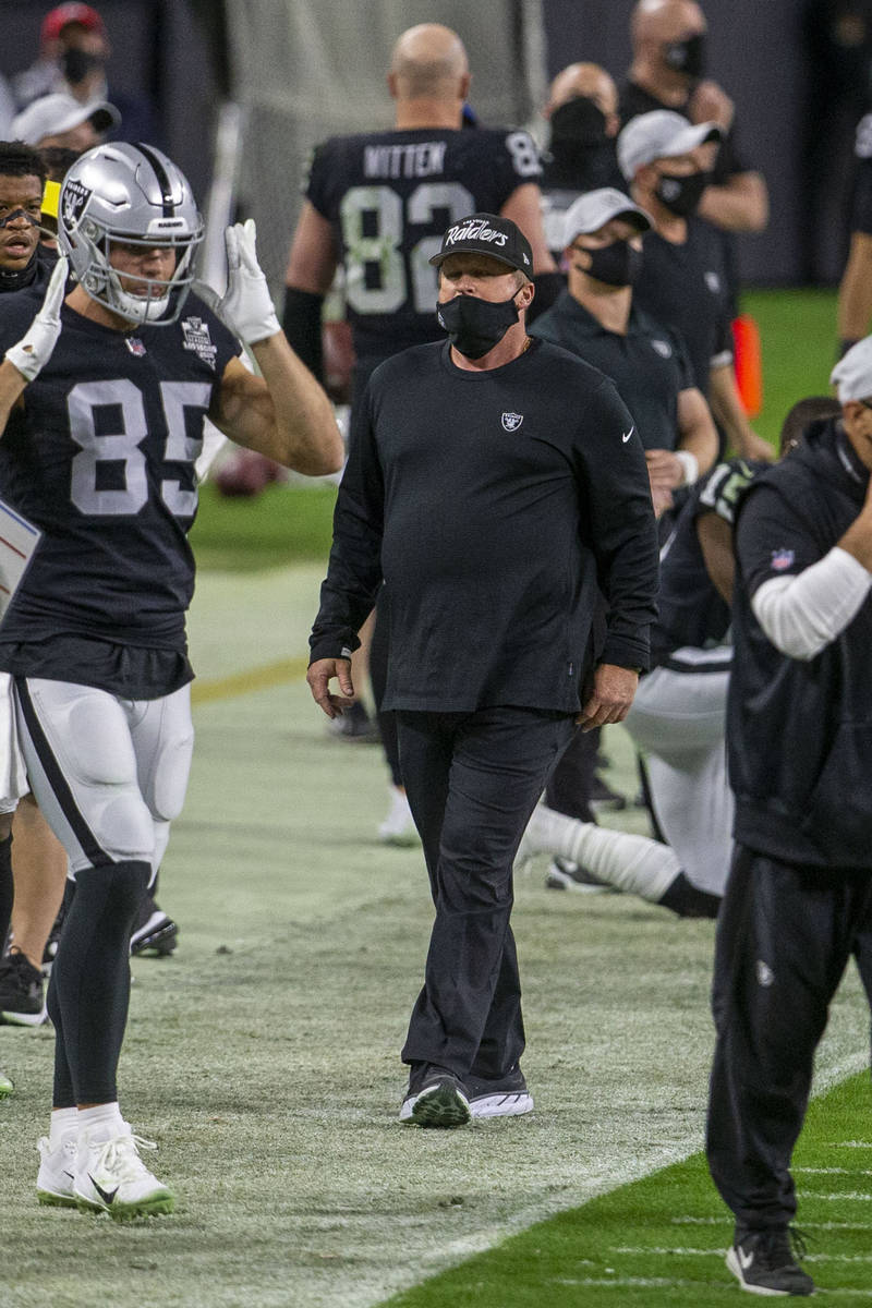 Raiders head coach Jon Gruden reacts after the team was penalized during the fourth quarter of ...
