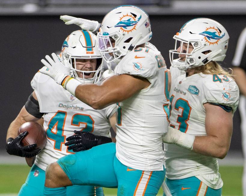 Miami Dolphins defensive back Clayton Fejedelem (42) celebrates a big play with teammates in th ...
