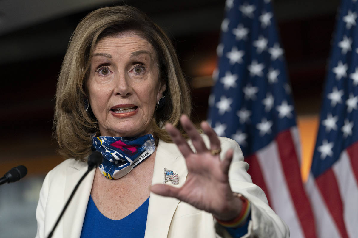 House Speaker Nancy Pelosi of California holds a weekly news conference,Oct. 1, 2020, on Capito ...