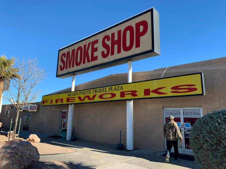 A fireworks sign is displayed at Moapa Paiute Travel Plaza in Moapa on Tuesday, Dec. 29, 2020. ...