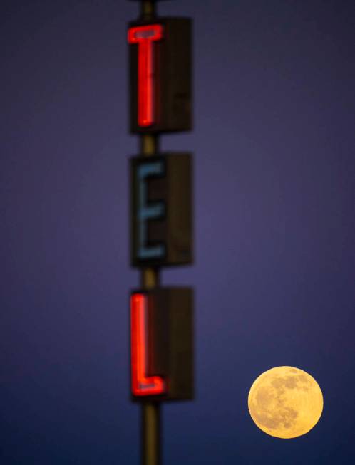 The last full moon of the year rises above the Desert Moon Motel sign on east Fremont Street in ...