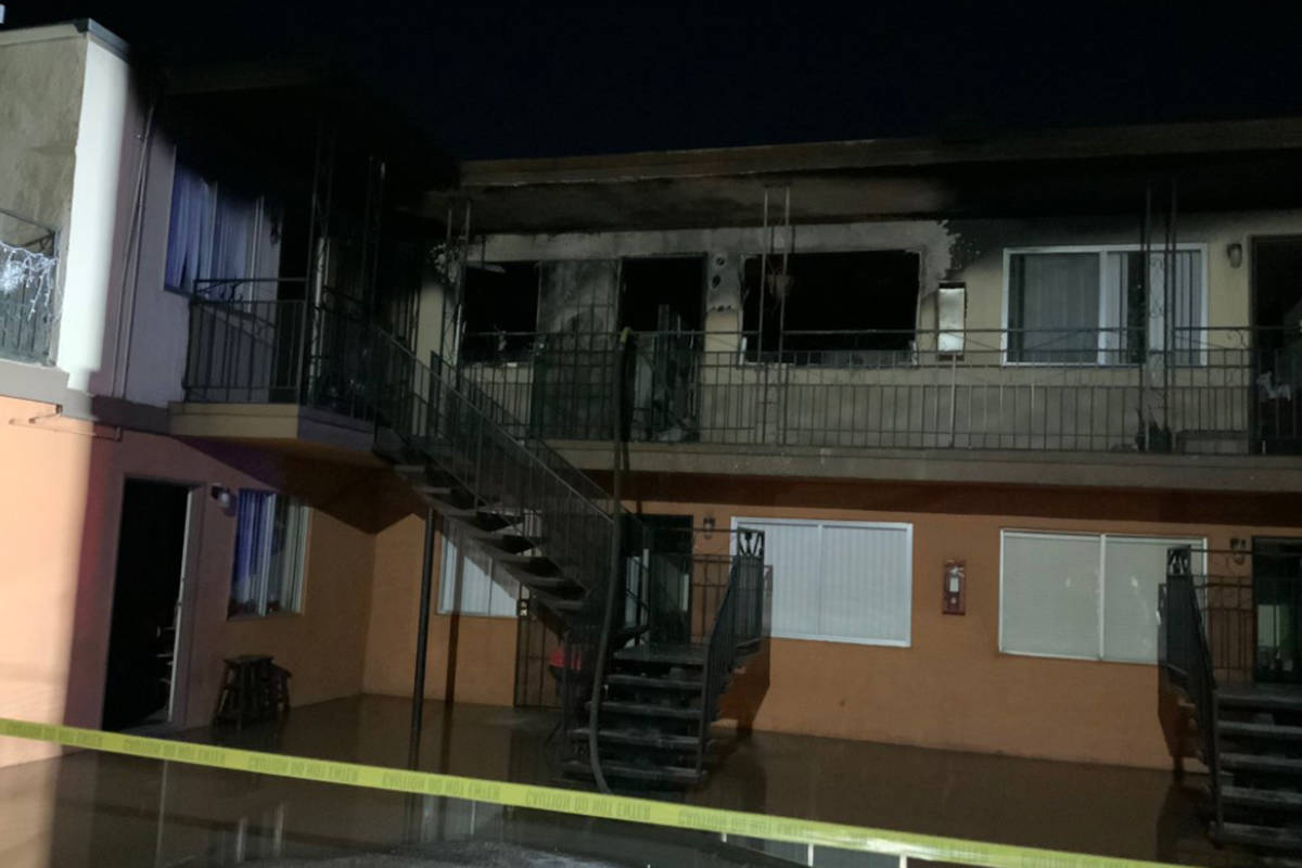 Crews battle a fire Tuesday, Dec. 29, 2020, at 4043 Silver Dollar Ave. in Las Vegas. (Las Vegas ...