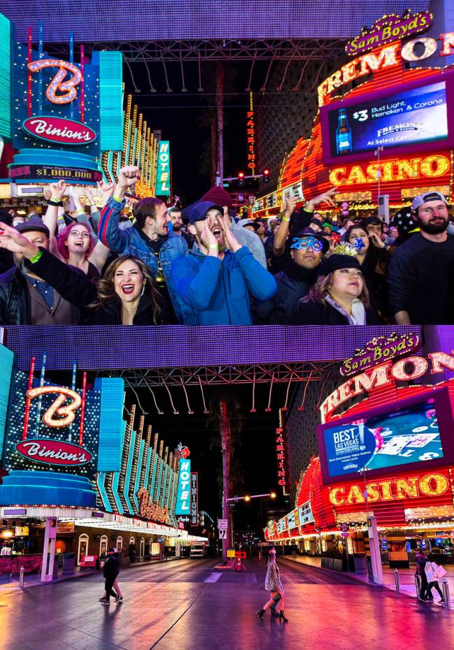 Top: New Year's Eve revelers at Fremont Street Experience on Dec. 31, 2019. Bottom: New Year's ...