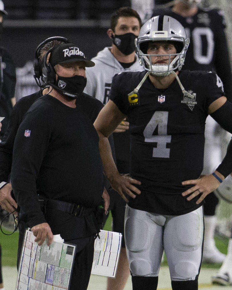 Raiders head coach Jon Gruden and quarterback Derek Carr (4) watch from the sideline during the ...