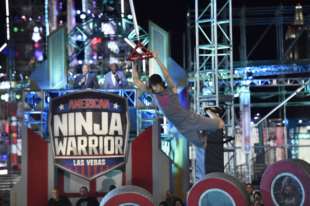 Mathis "Kid" Owhadi runs the "American Ninja Warrior" course in Las Vegas. (David Becker/NBC)