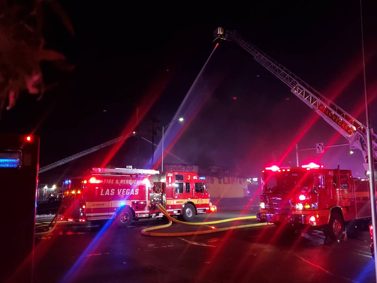 The Las Vegas Fire Department responds to a tire shop fire at Meadows Lane and Decatur Boulevar ...