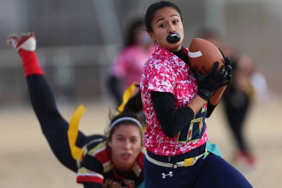 Green Valley junior Jazlyn Camacho (15) makes an interception against SECTA in the flag footbal ...