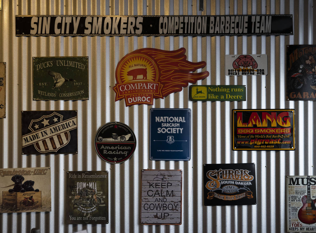 Sin City SmokersÕ competition barbecue teams plaques are seen at Sin City Smokers Barbecue ...