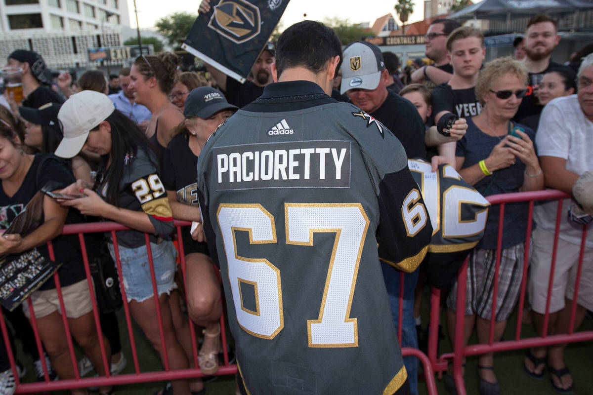 Vegas Golden Knights left wing Max Pacioretty (67) signs autographs during a Vegas Golden Knigh ...