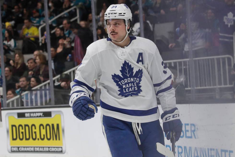 Toronto Maple Leafs center Auston Matthews reacts after scoring a goal against the San Jose Sha ...